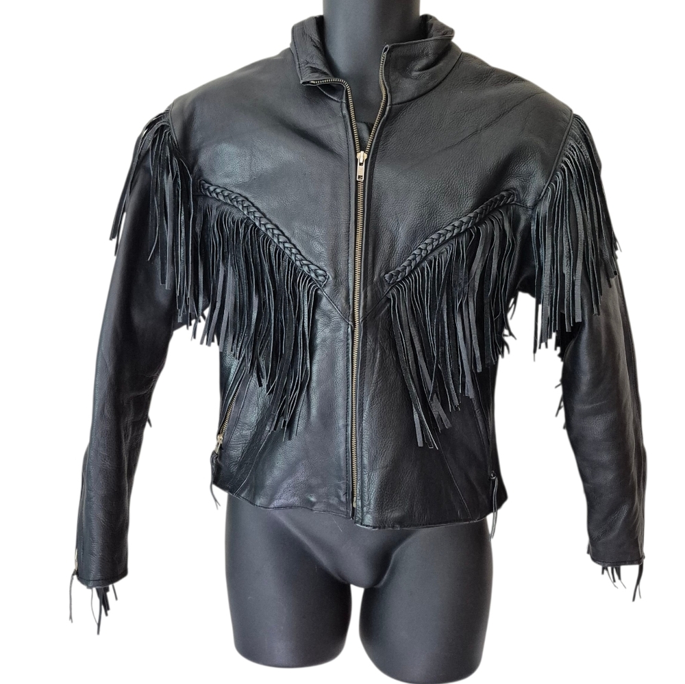 Vintage Black Leather Fringe Jacket M